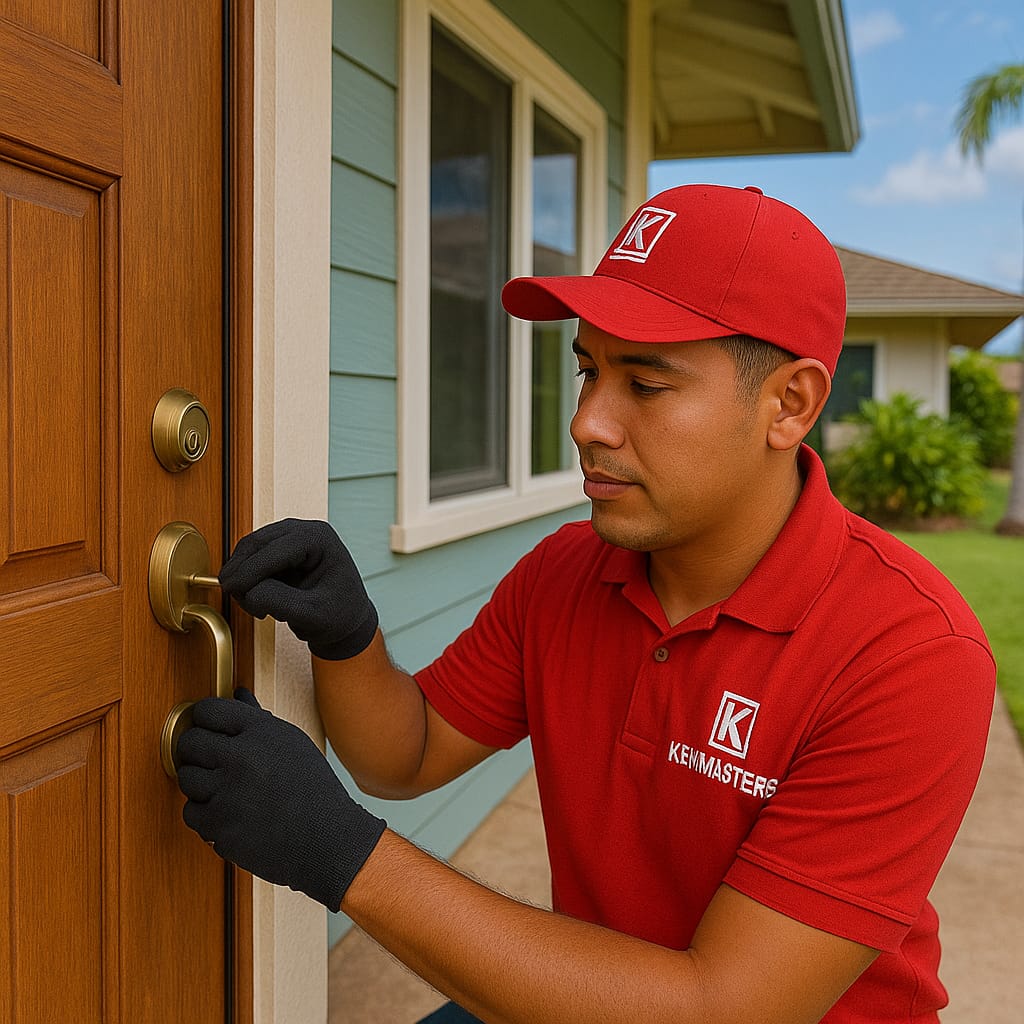 Residential locksmith in Oahu rekeying front door lock during a home lockout service